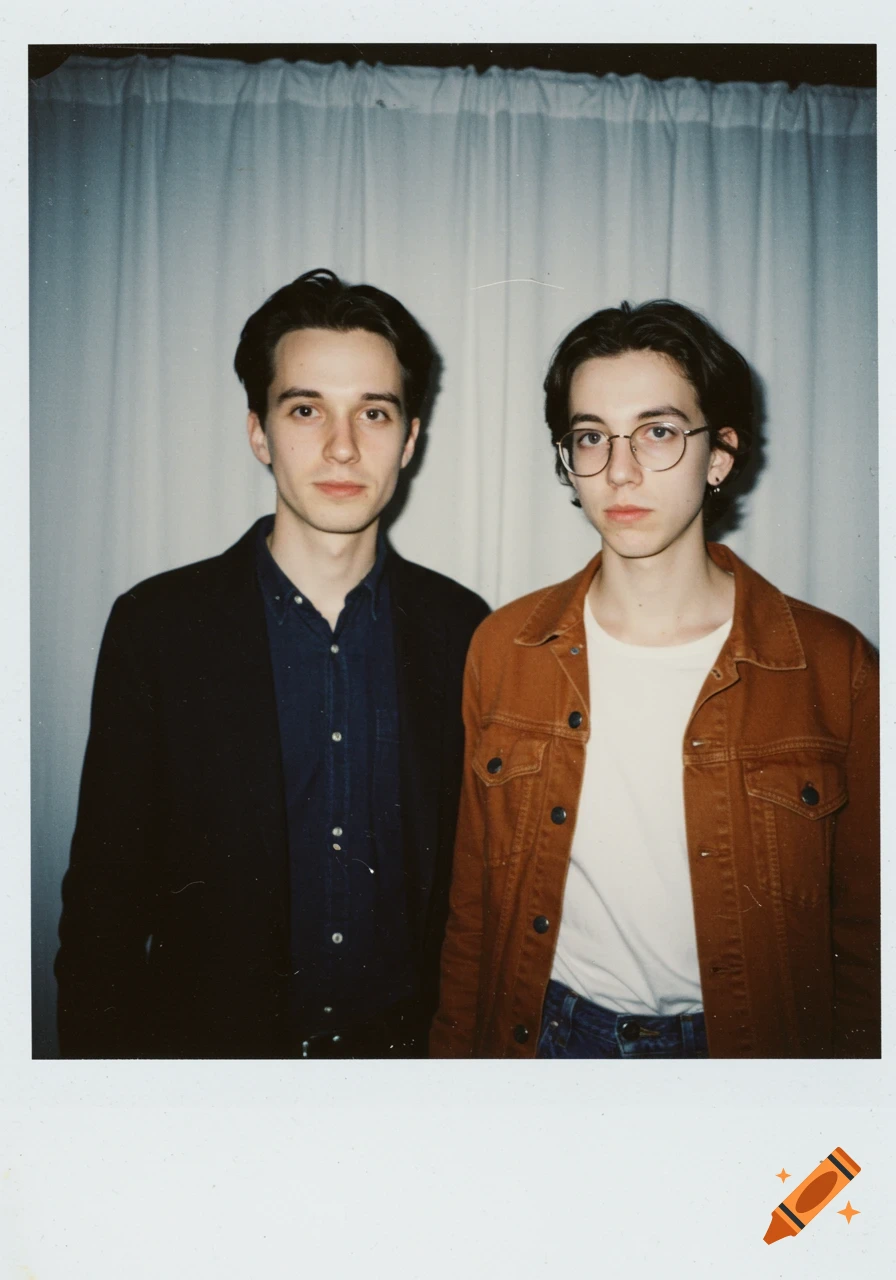 A vintage-style Polaroid photo showing two young men standing side-by-side in front of a white curtain.