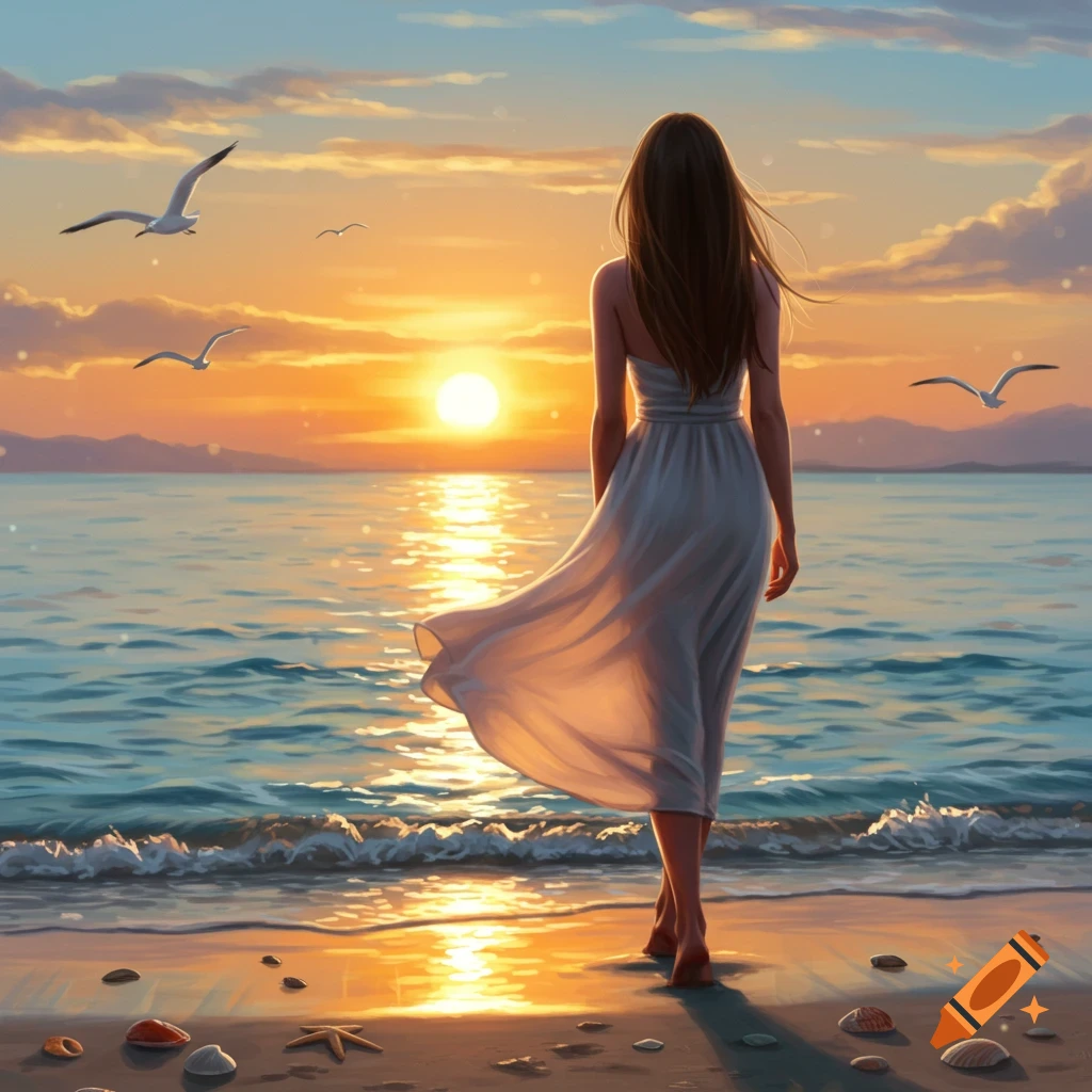 A woman in a white dress walks on a sandy beach towards the setting sun over the ocean, with seagulls flying.