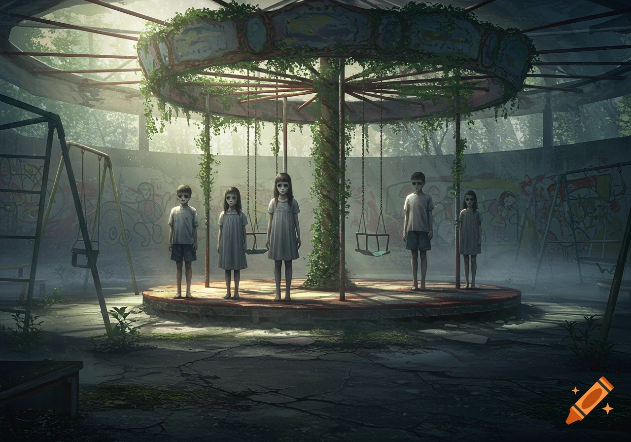 Five eerie children with blank eyes stand in an overgrown, abandoned carousel and playground.