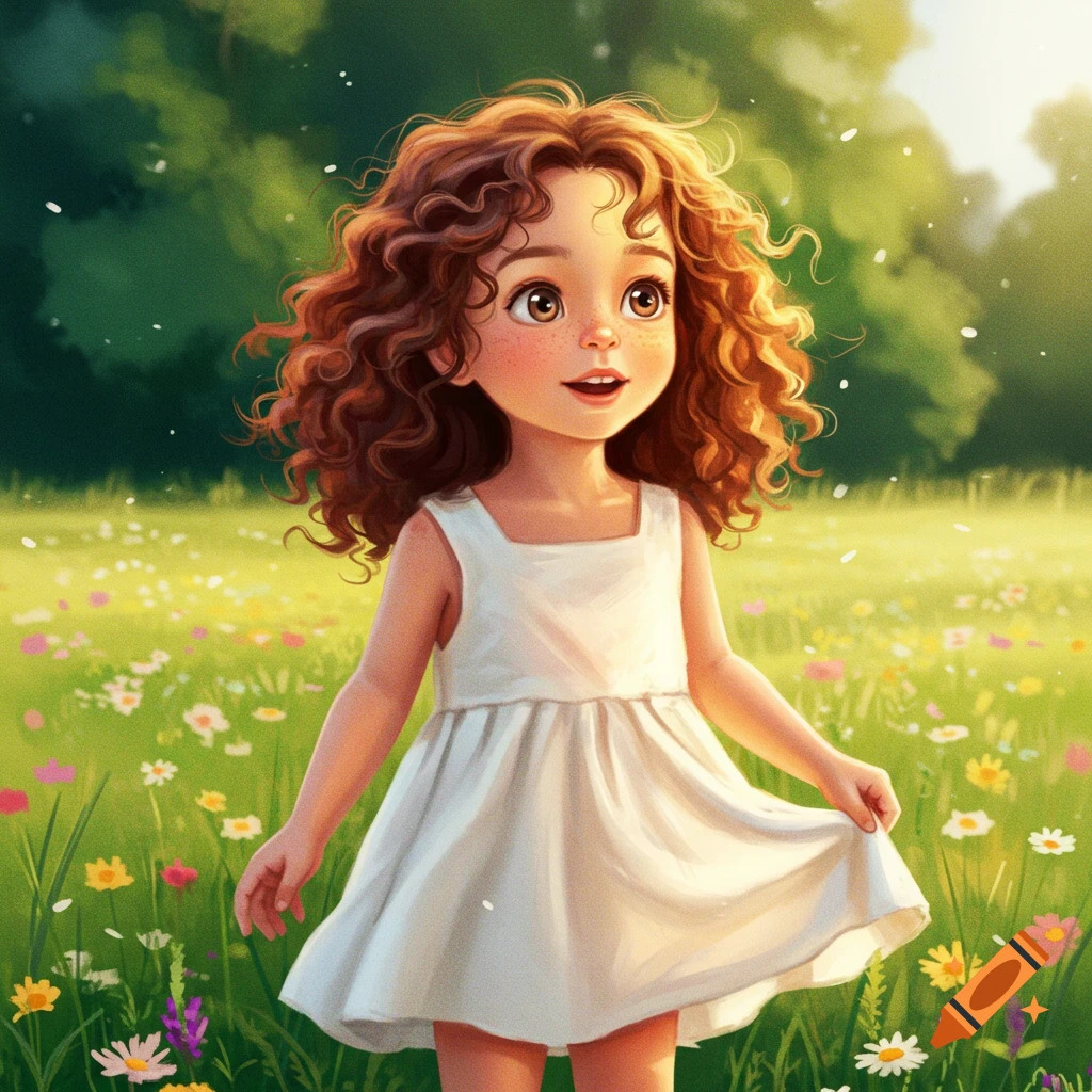 A cheerful illustration of a young girl with curly brown hair and freckles, wearing a white dress, standing in a sunny field of wildflowers.