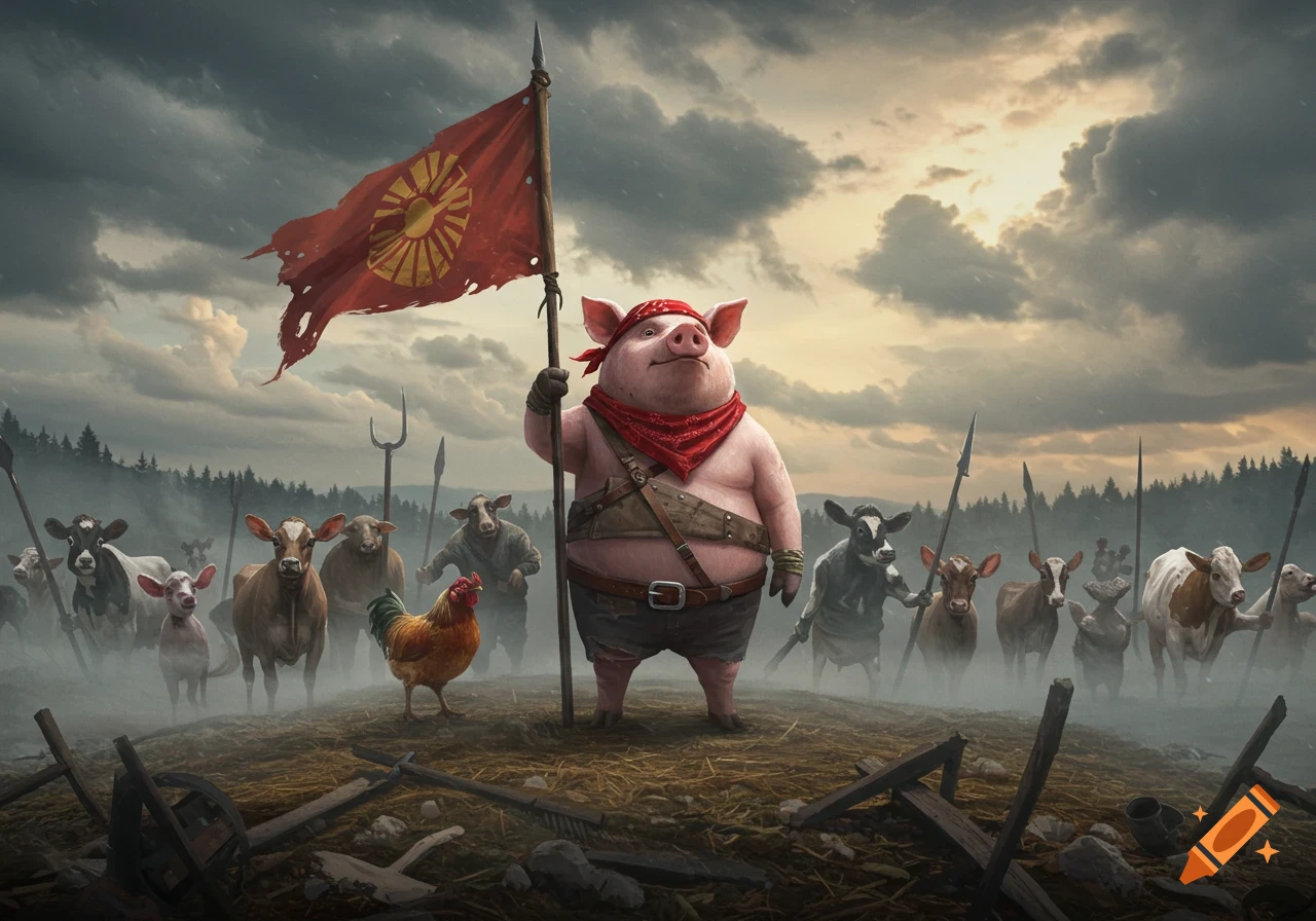 A stern, muscular pig in a red bandana holds a tattered red flag, leading an army of farm animals under a dramatic stormy sky.