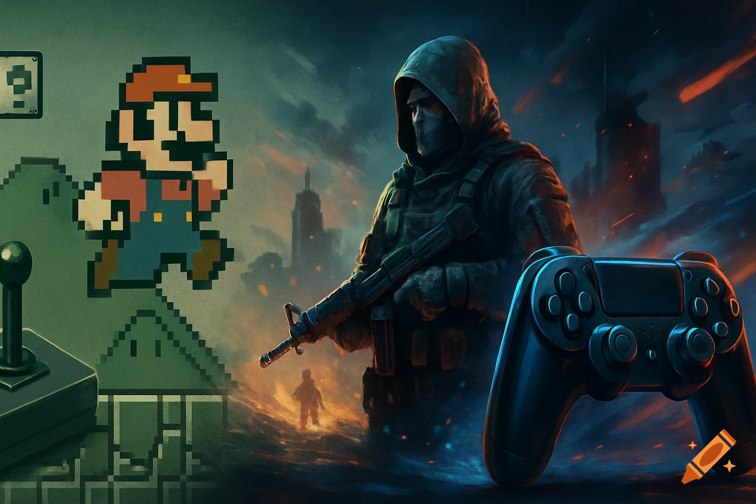 A split image showing pixel art Mario, a question mark block, and a joystick on the left, merging into a hooded soldier with a rifle, a burning cityscape, and a modern game controller on the right, representing game evolution.