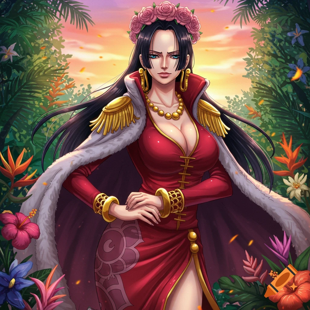 An anime woman in a red dress with a white fur cloak and a rose crown stands in a vibrant tropical garden at sunset.