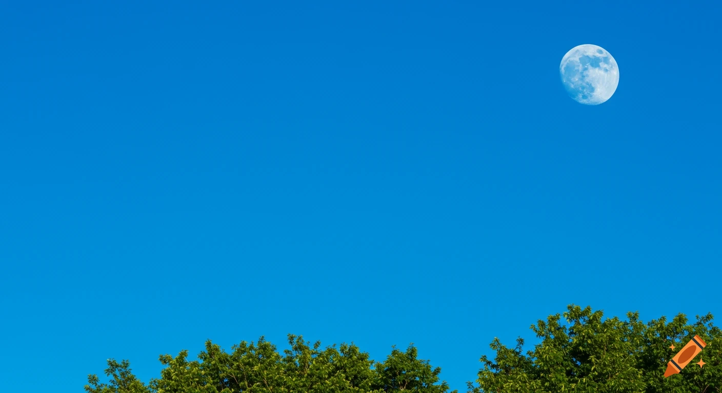 A bright blue sky with a white full moon in the upper right, above green treetops.