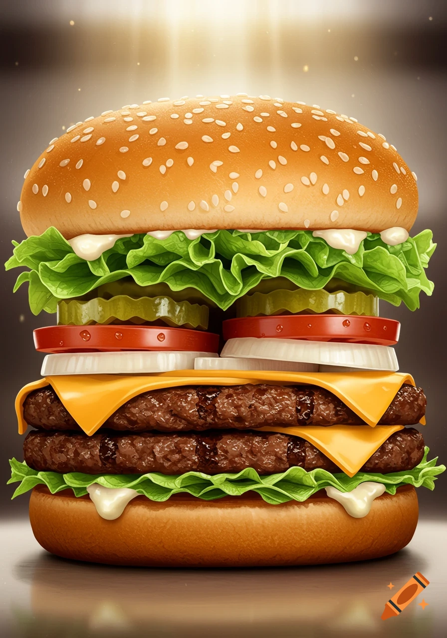 A tall, appetizing double cheeseburger with fresh lettuce, pickles, tomatoes, onions, and sauce, on a sesame seed bun.