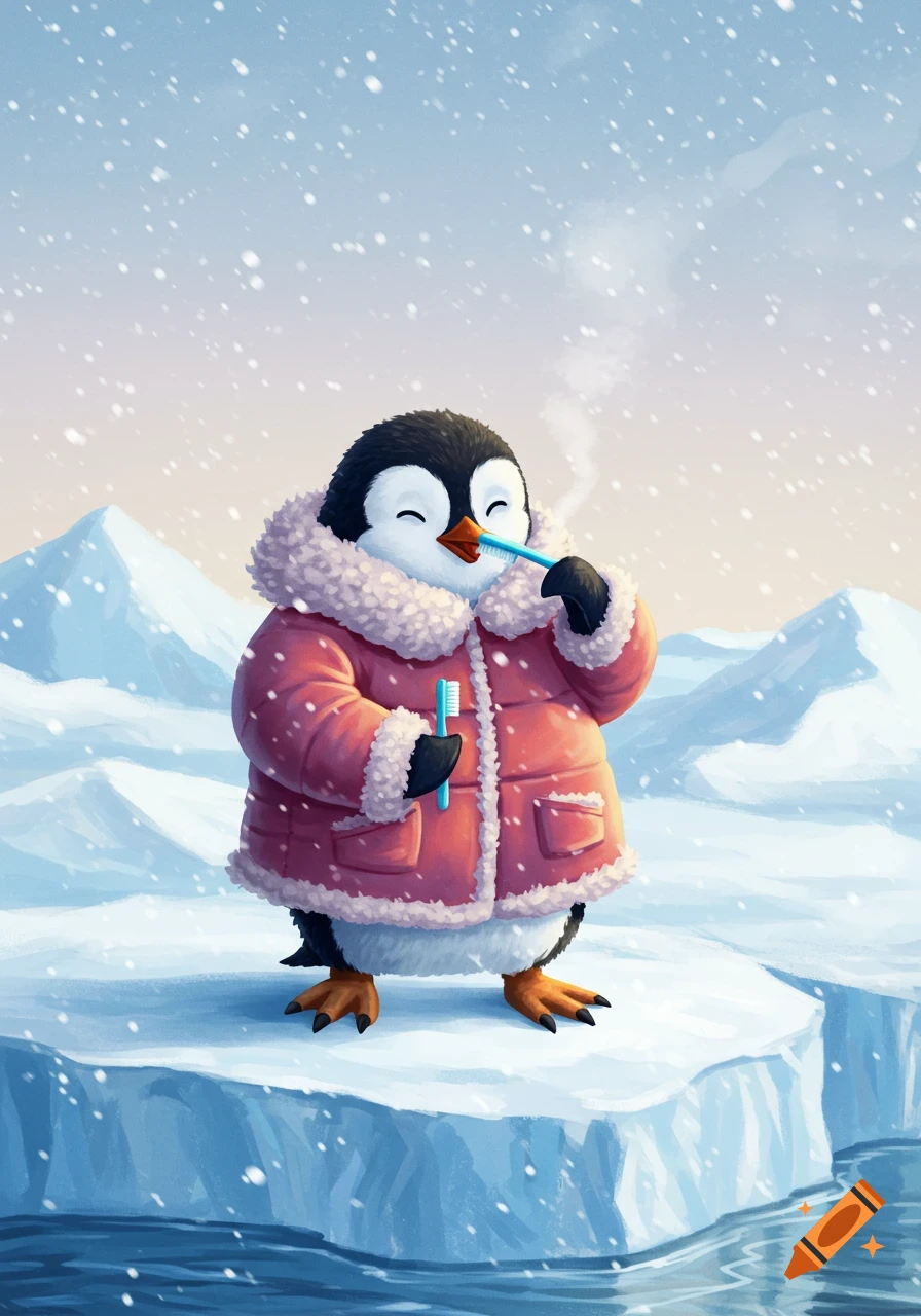 A cute cartoon penguin in a pink winter jacket brushes its teeth on an iceberg in a snowy landscape.