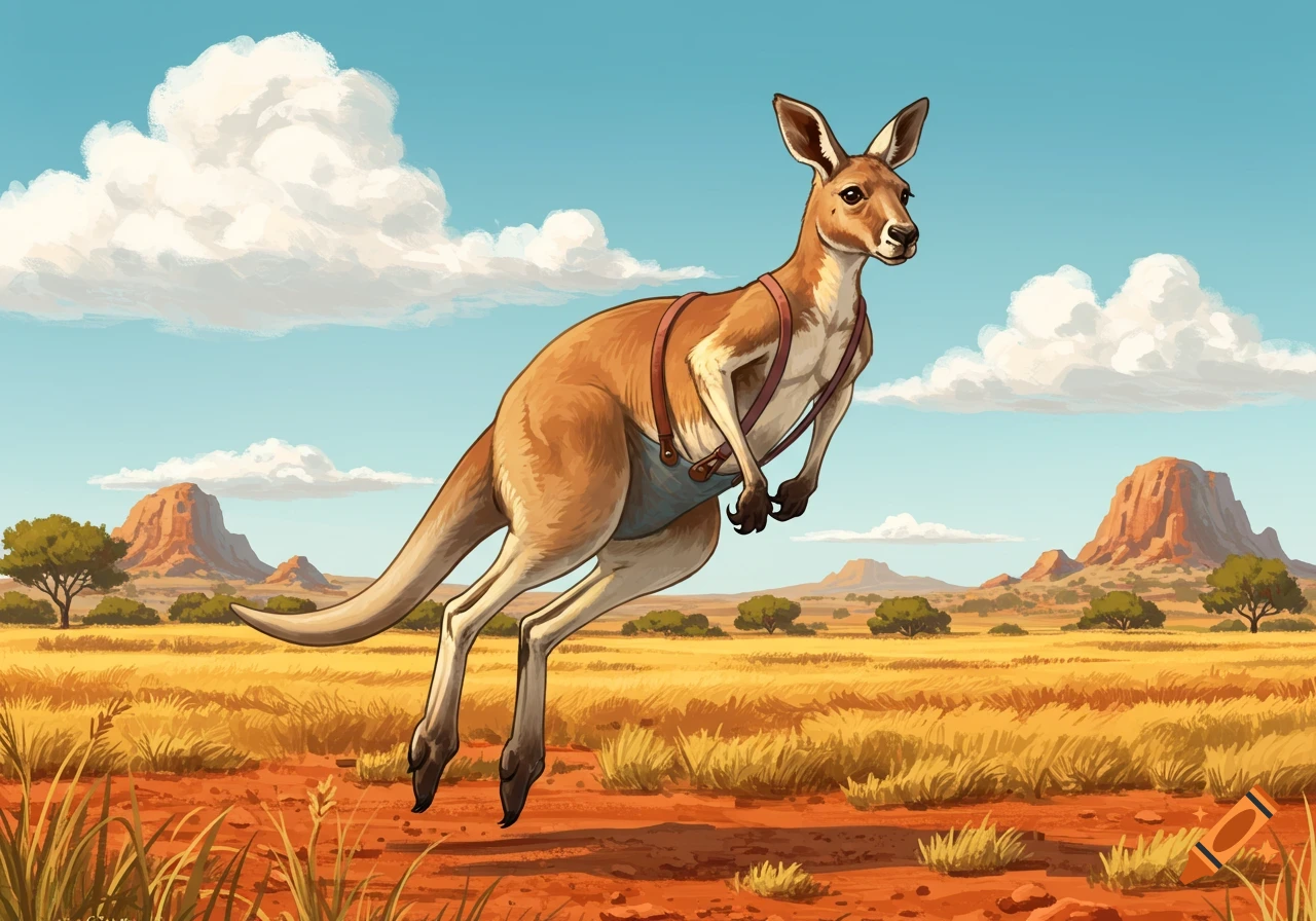 A cartoon kangaroo wearing suspenders hops through a sunny, arid landscape with red dirt and golden grasses, under a blue sky with white clouds.