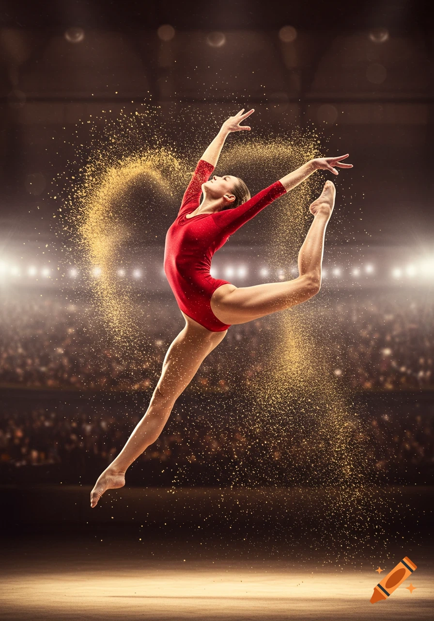 Female gymnast in red leotard leaping mid-air on a stage, surrounded by golden dust, with a blurred stadium background.