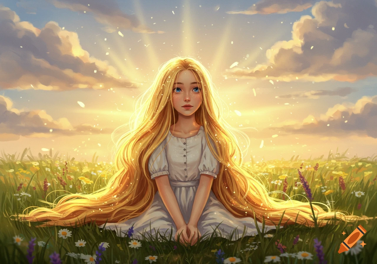 Digital painting of a girl with long golden hair sitting in a wildflower field under a radiant sky.