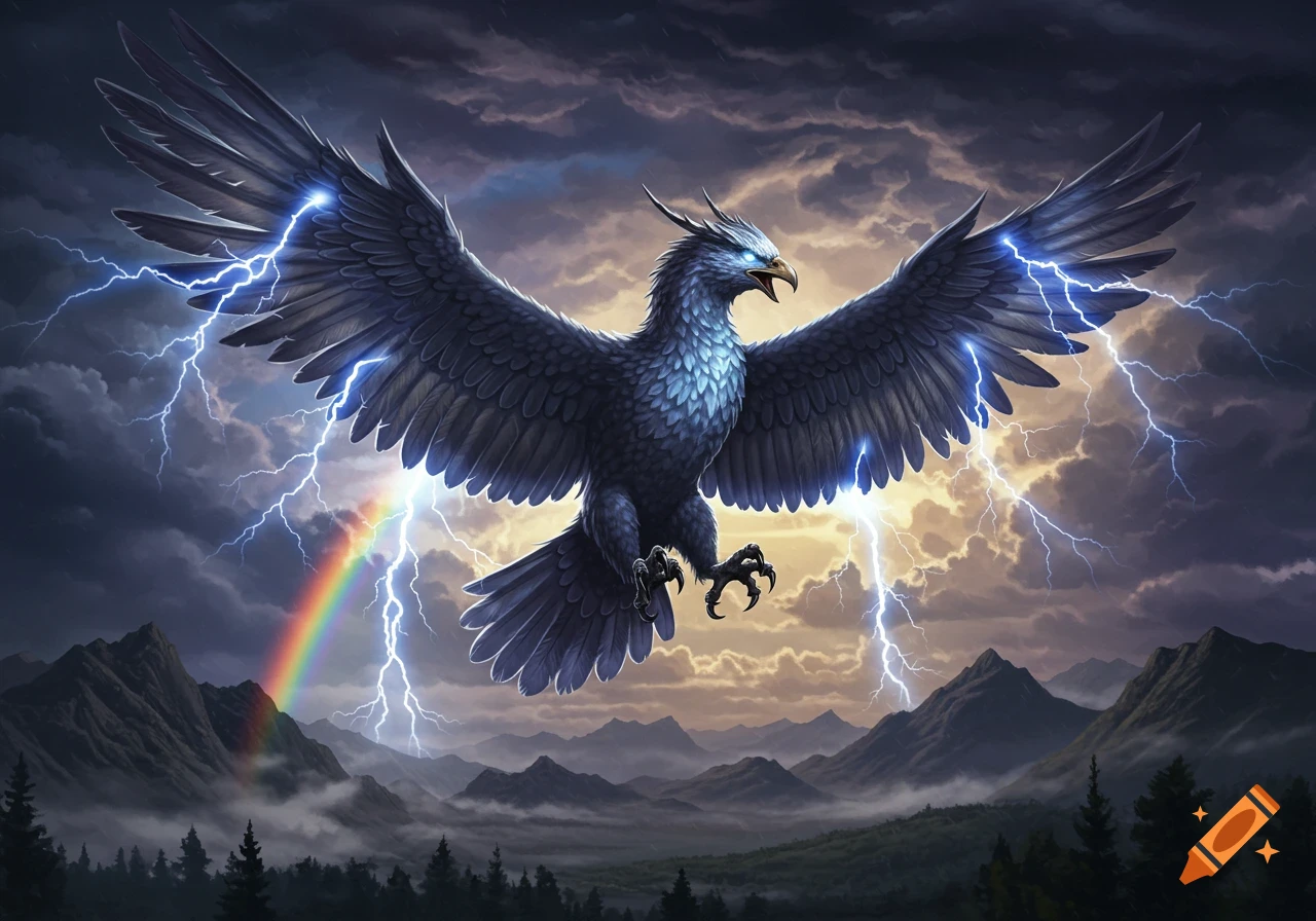 A majestic dark grey Thunderbird with glowing eyes and lightning-streaked wings flies over a stormy mountain range with a rainbow.