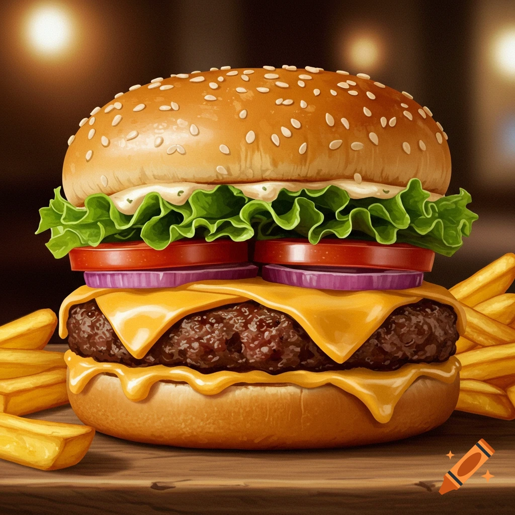 Stylized photorealistic image of a delicious cheeseburger with lettuce, tomato, onion, and fries on a wooden table.