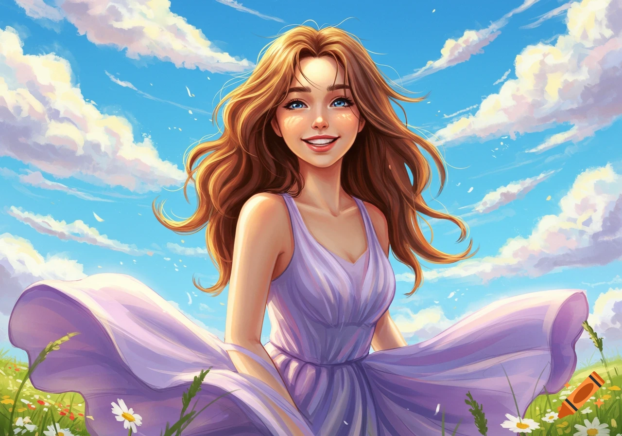 Anime illustration of a smiling woman with long brown hair in a purple dress, standing in a sunny flower field under a blue, cloudy sky.