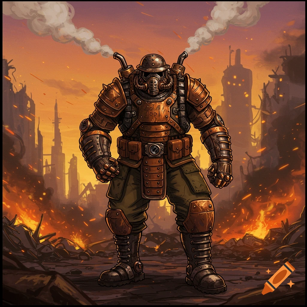 Dieselpunk soldier in gas mask armor stands in a burning, ruined city under an orange sky, stylized.