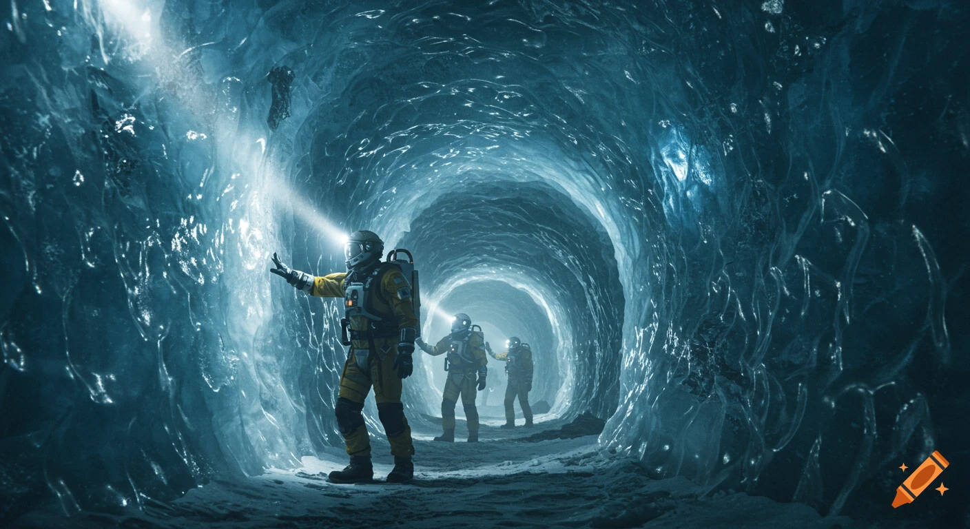 Three astronauts in yellow heavy suits with headlamps explore a blue, glowing ice tunnel, casting dynamic light on the textured walls.