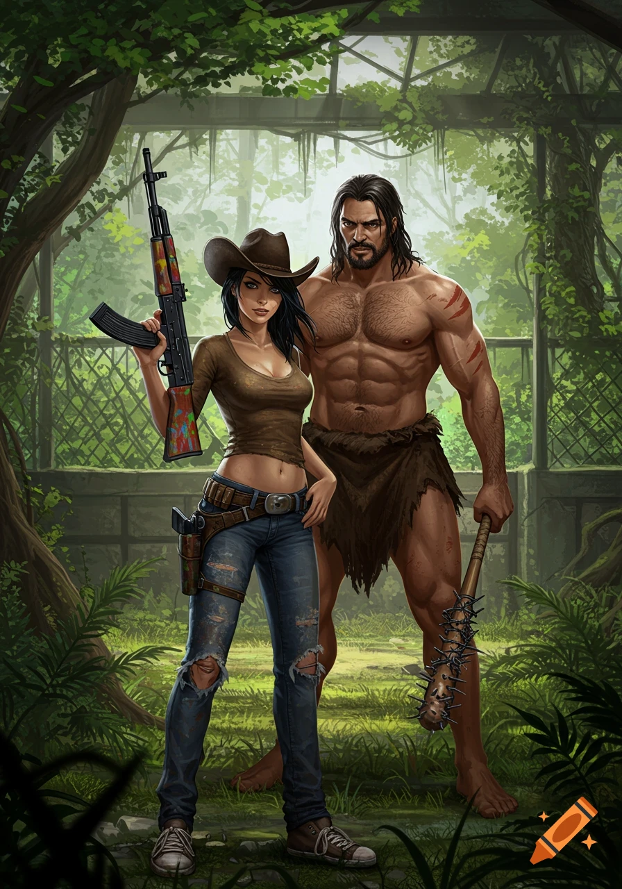 A woman in a cowboy hat with an AK-47 and a muscular man with a spiked bat stand in an overgrown ruined zoo, in an adventure art style.