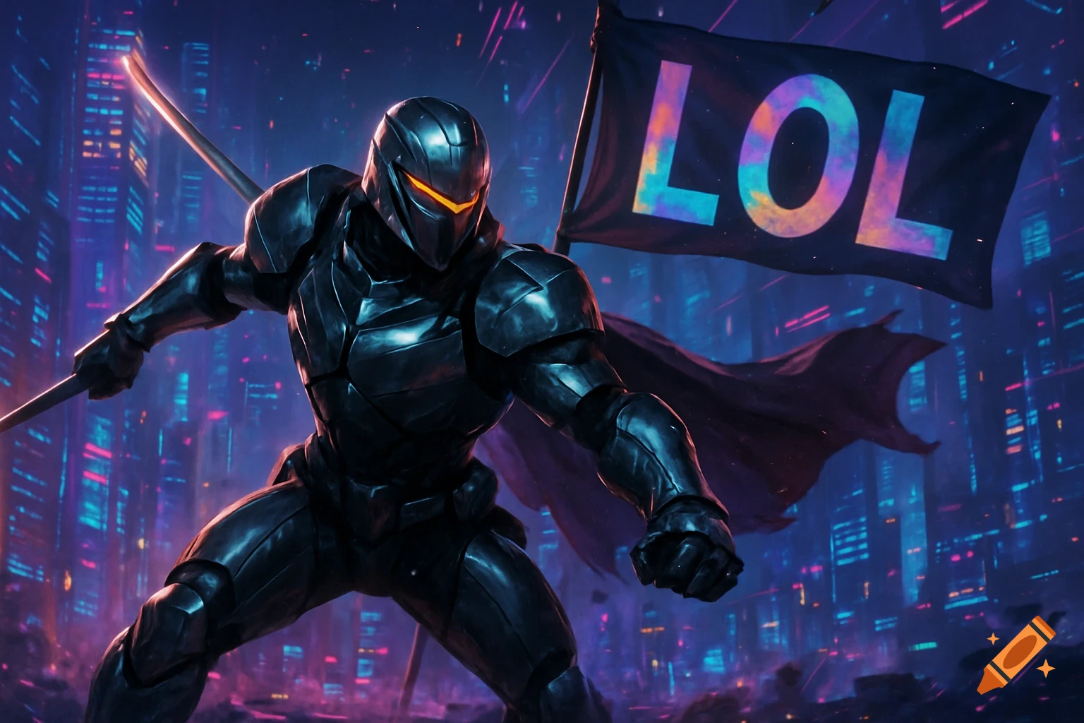 Futuristic warrior in black armor with glowing eyes holds a staff, standing in a neon cyberpunk city with an 'LOL' flag.