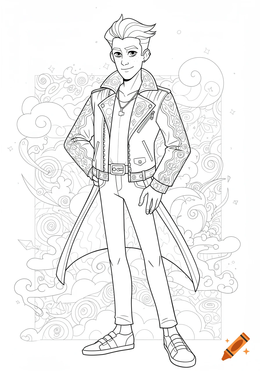 Line art illustration of a cool young man with spiky hair, wearing a detailed leather jacket, jeans, and sneakers, standing in a dynamic pose.