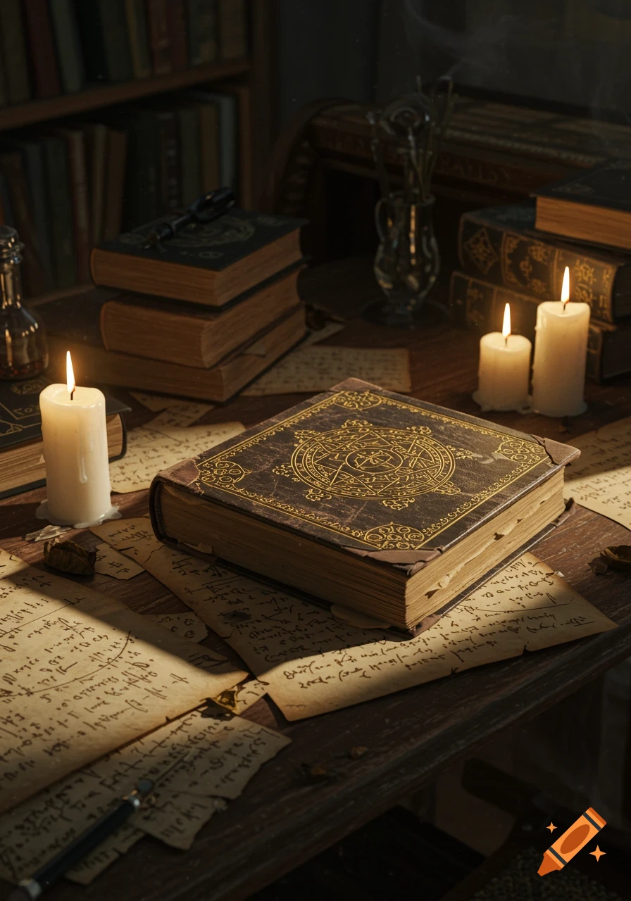 A close-up of an ornate magical book, glowing candles, and scattered handwritten papers on a dark wooden desk.