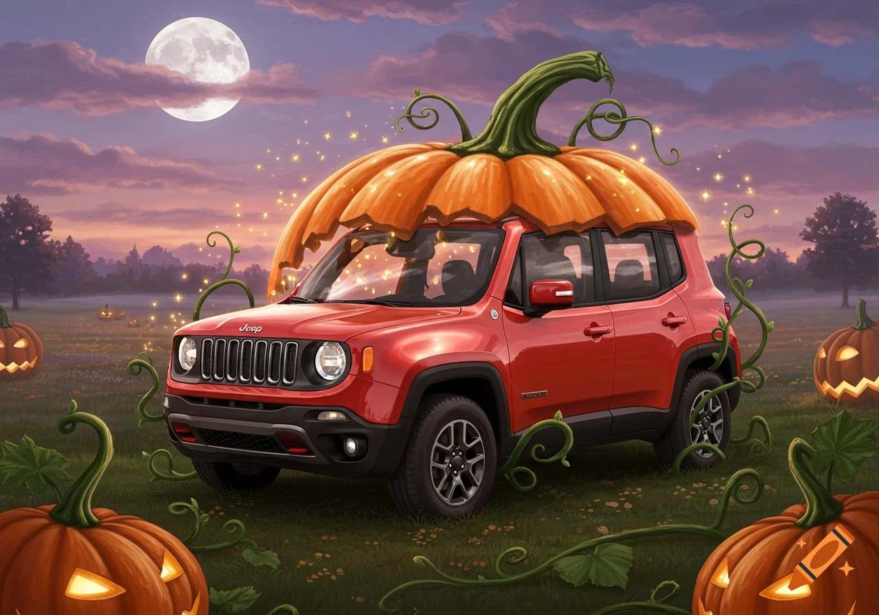 A red Jeep Renegade SUV transforming into a giant pumpkin, surrounded by jack-o'-lanterns in a field under a full moon at dusk.