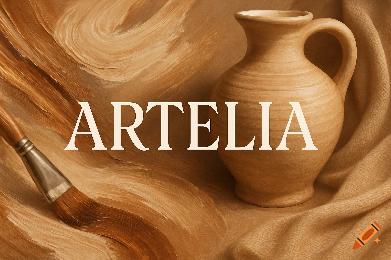 Artistic still life with a pottery jug, paintbrush, and "ARTELIA" text on swirling brown and beige paint and fabric textures.