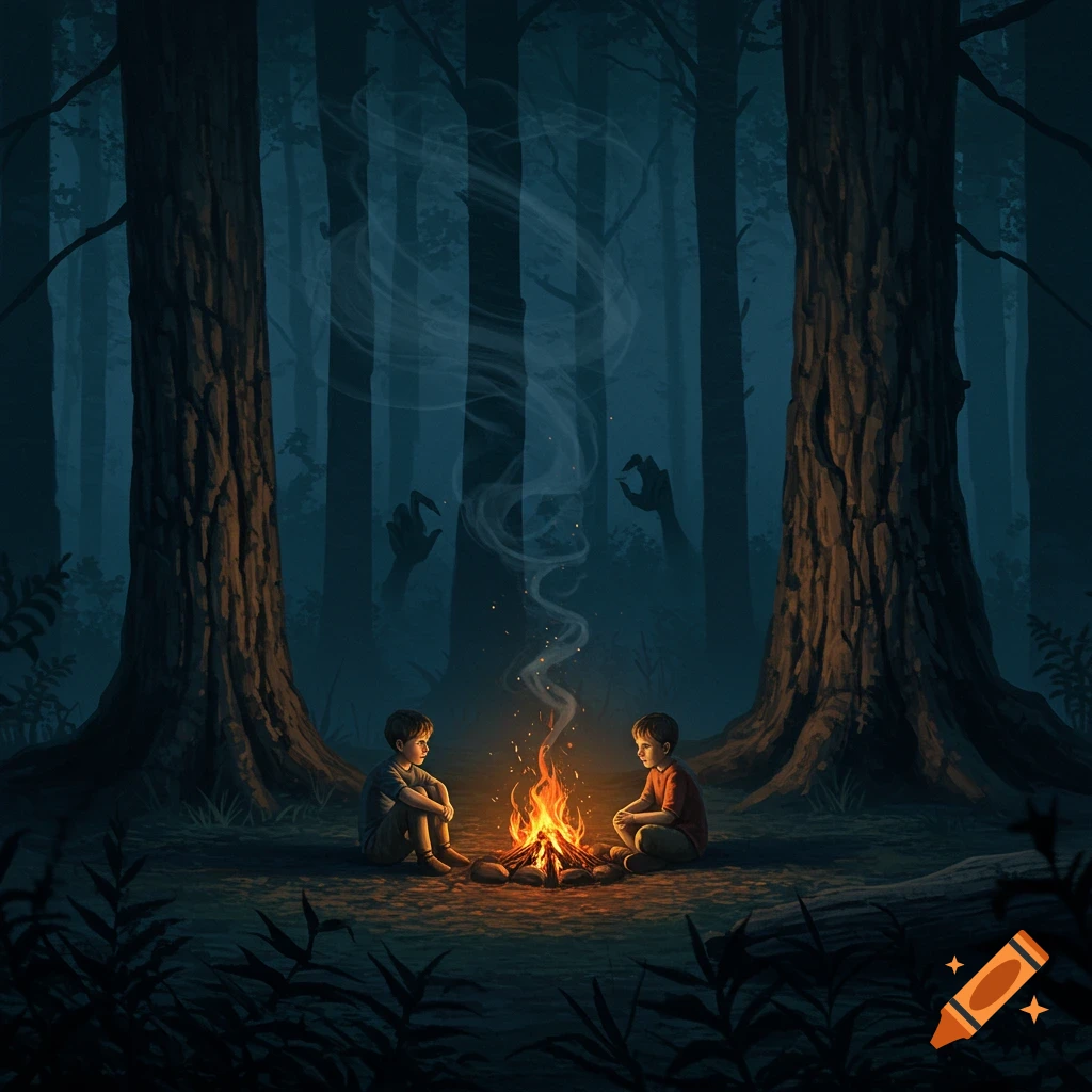 Two young boys sit by a campfire in a dark, eerie forest, with ghostly, clawed hands lurking in the shadows.