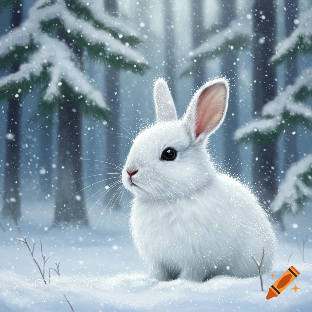 A fluffy white rabbit sits in a snowy forest with pine trees during a gentle snowfall.