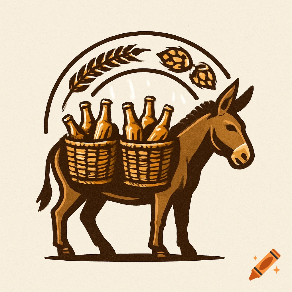 Stylized logo illustration of a brown donkey carrying two baskets filled with beer bottles, with wheat and hops above.
