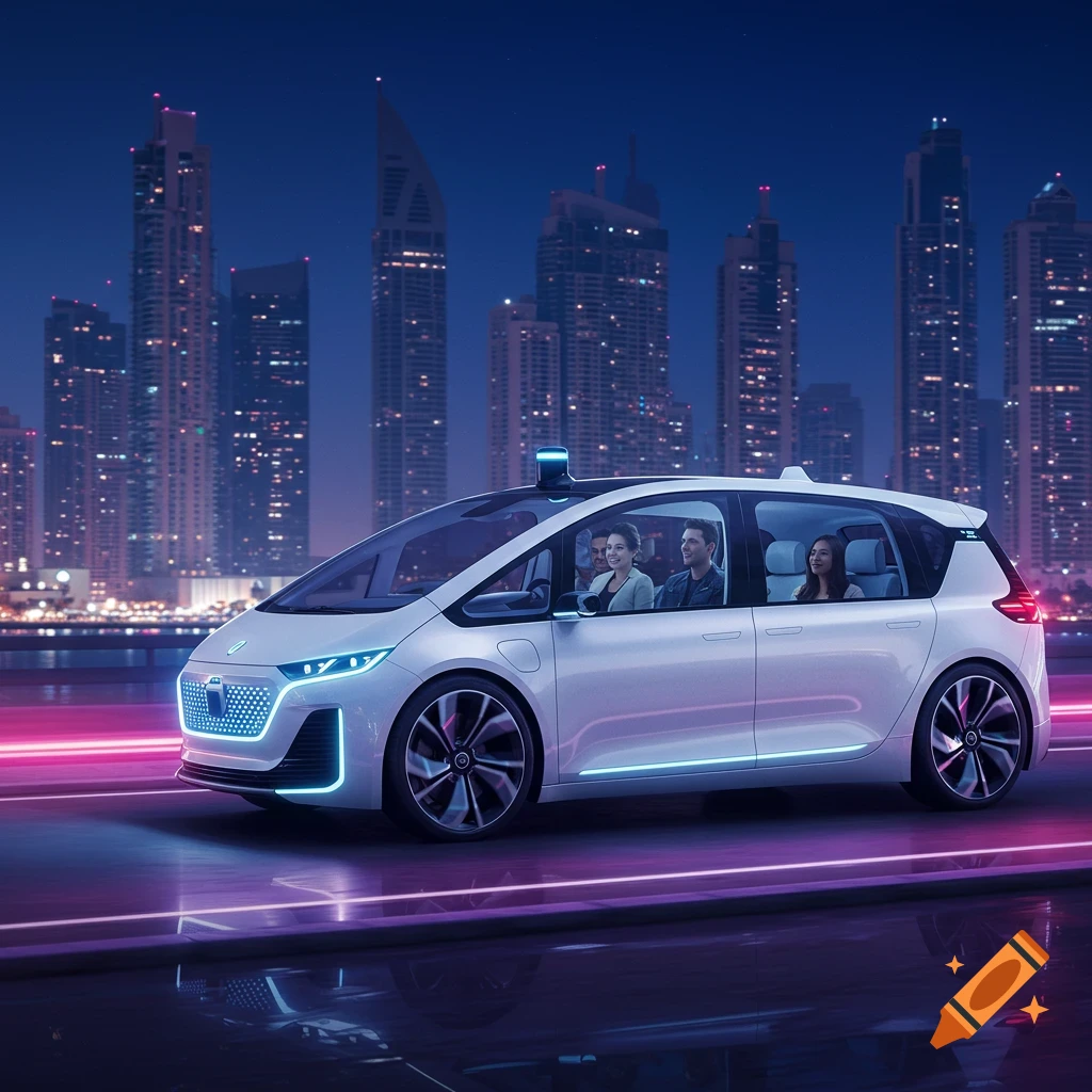 Futuristic white autonomous car with four passengers drives at night against a vibrant city skyline.