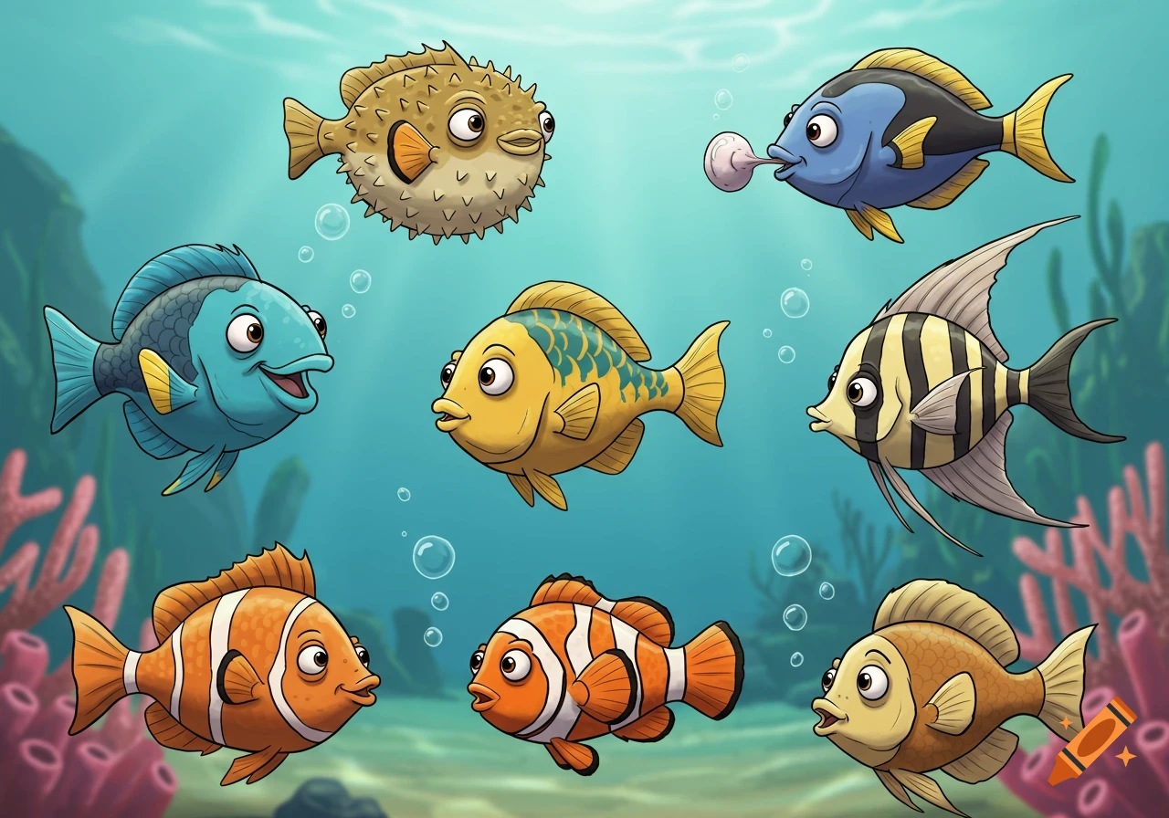 A vibrant cartoon illustration of a collection of tropical fish, including clownfish, a pufferfish, and an angelfish, swimming underwater amidst coral.