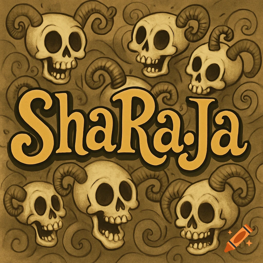 Stylized 'ShaRaJa' text in gold, surrounded by cartoonish horned skulls and swirling patterns, in a vintage rubberhose art style.