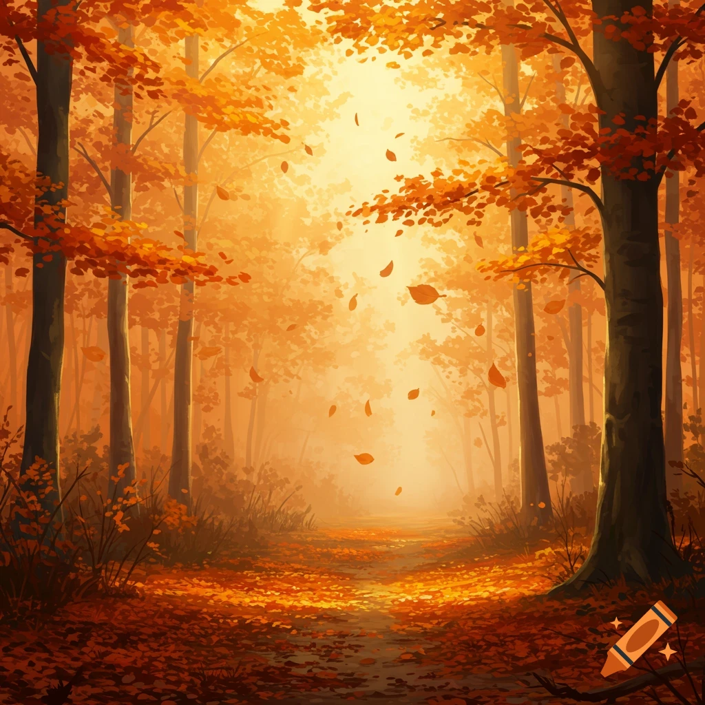 Vibrant autumn forest path with orange and red trees, glowing light, and falling leaves in an illustrative style.