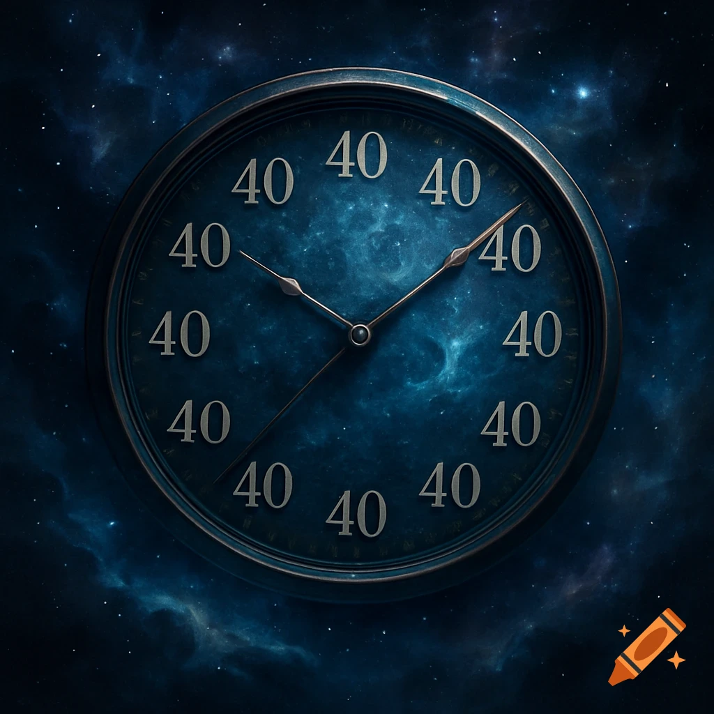 A dark blue clock with the number '40' at every hour marker, floating in a starry cosmic space.