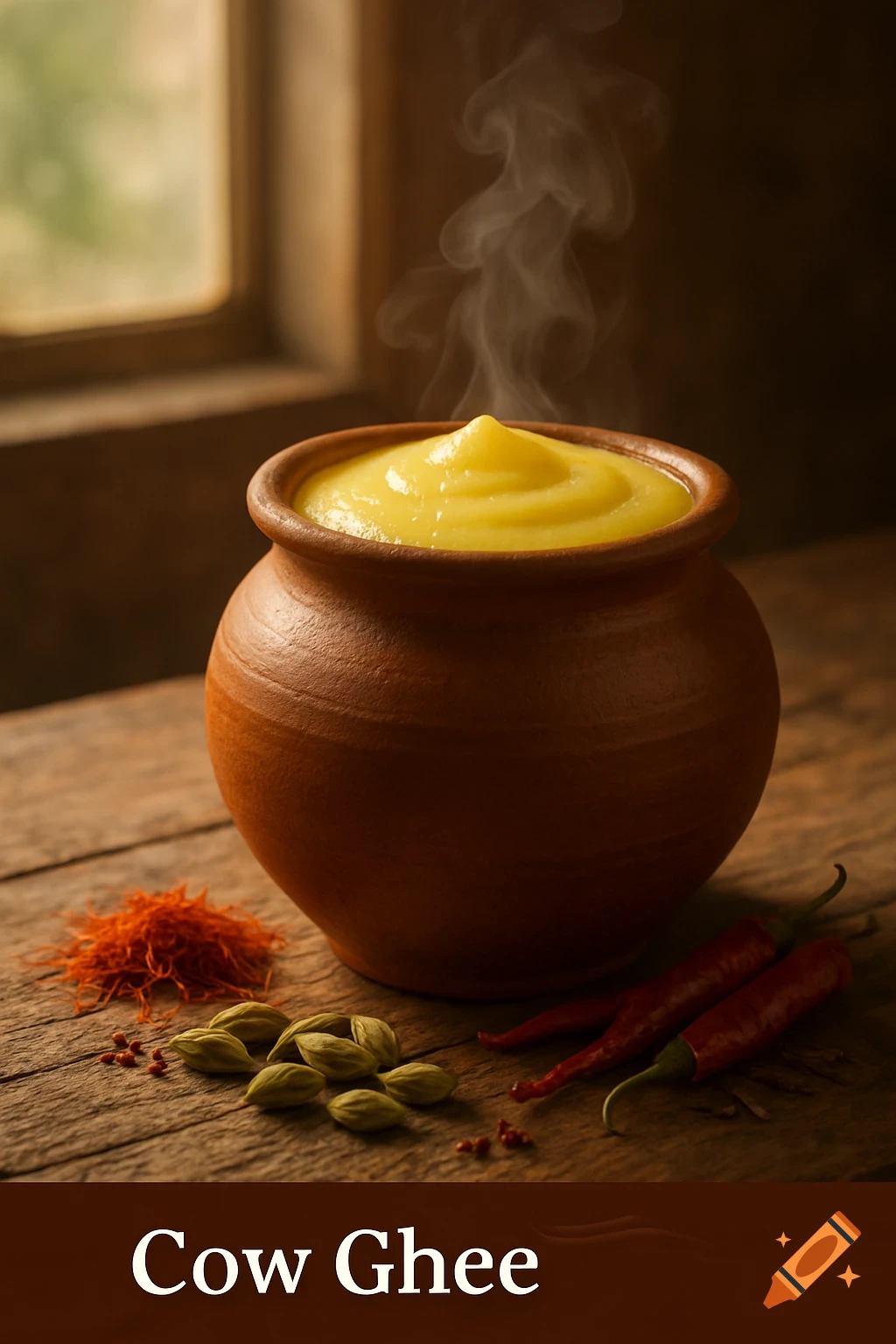 A clay pot filled with golden ghee and steam, surrounded by saffron, cardamom, and chili peppers on a wooden table.