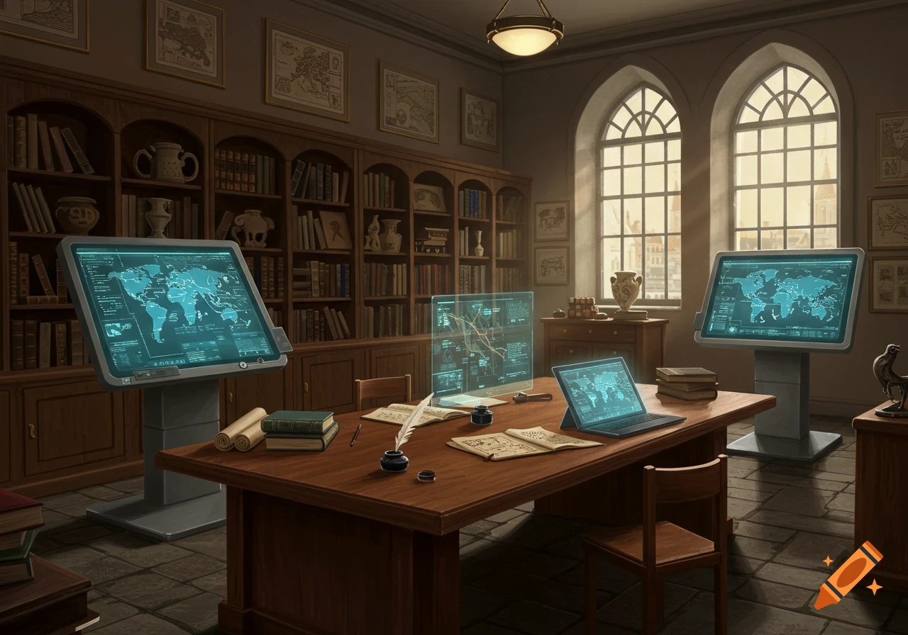 A historian's study room with bookshelves, a large wooden table, and arched windows, featuring both traditional books and modern holographic displays with world maps.
