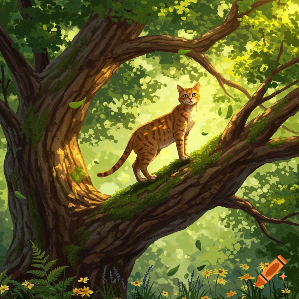 A tabby cat stands on a mossy tree branch, bathed in golden sunlight filtering through green leaves in an illustrated forest.