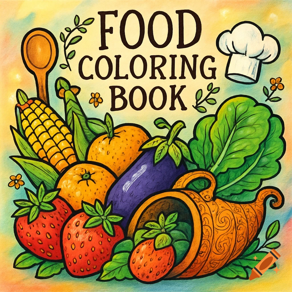 Colorful illustration of a food coloring book cover featuring corn, strawberries, oranges, eggplant, and lettuce around the title "FOOD COLORING BOOK" and a chef's hat.