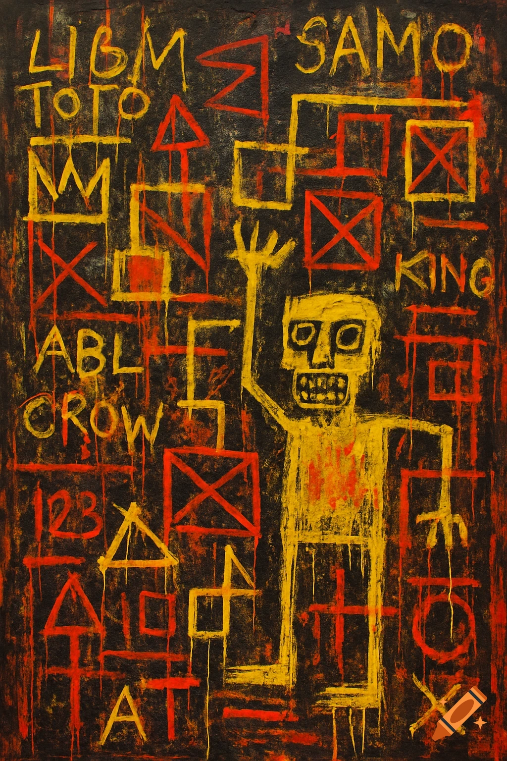 Vibrant Basquiat-style painting with a yellow figure, red and yellow shapes, and scribbled text on a dark, textured background.