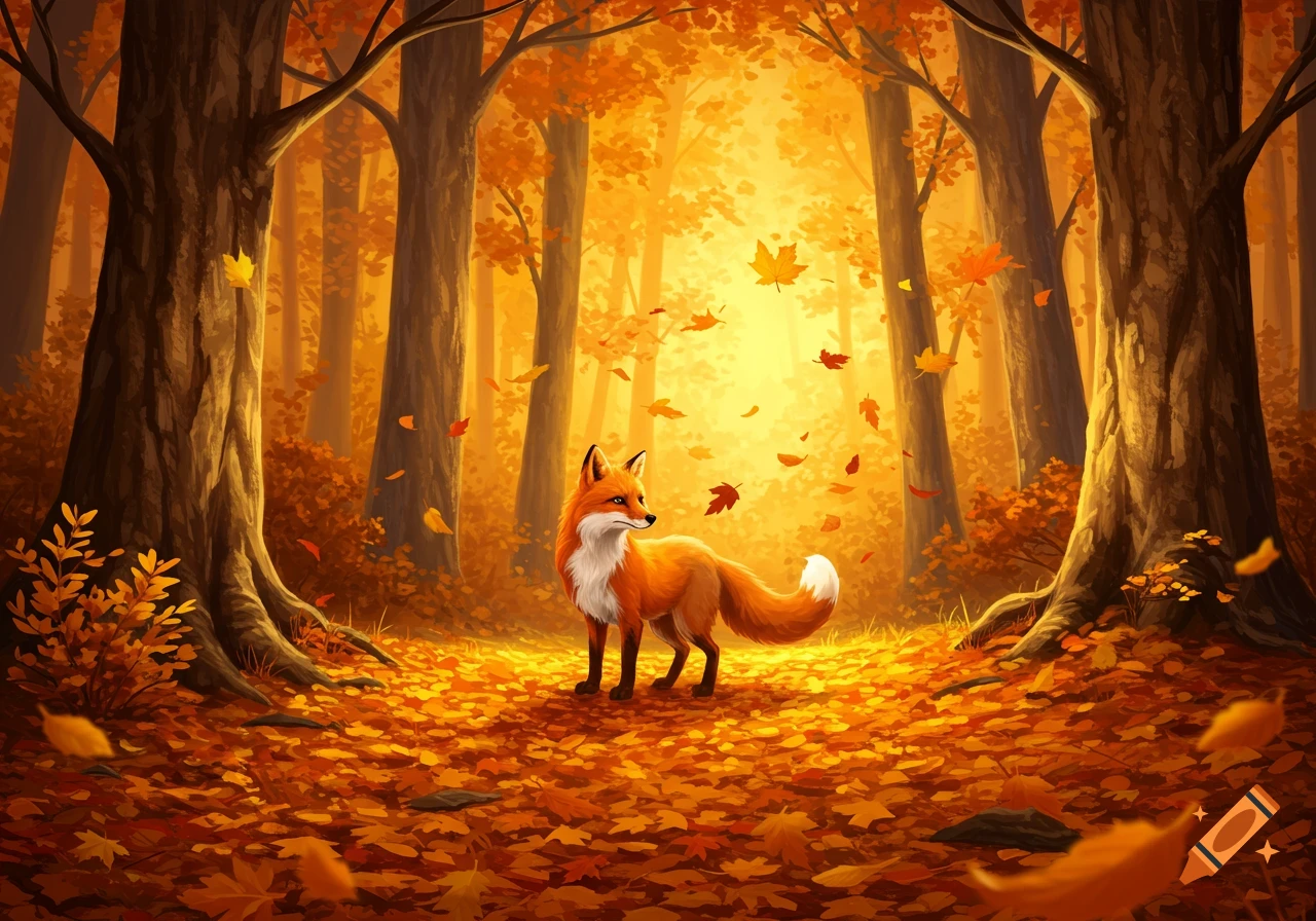 A vibrant illustration of an orange fox standing in a sunny autumn forest with golden leaves falling.