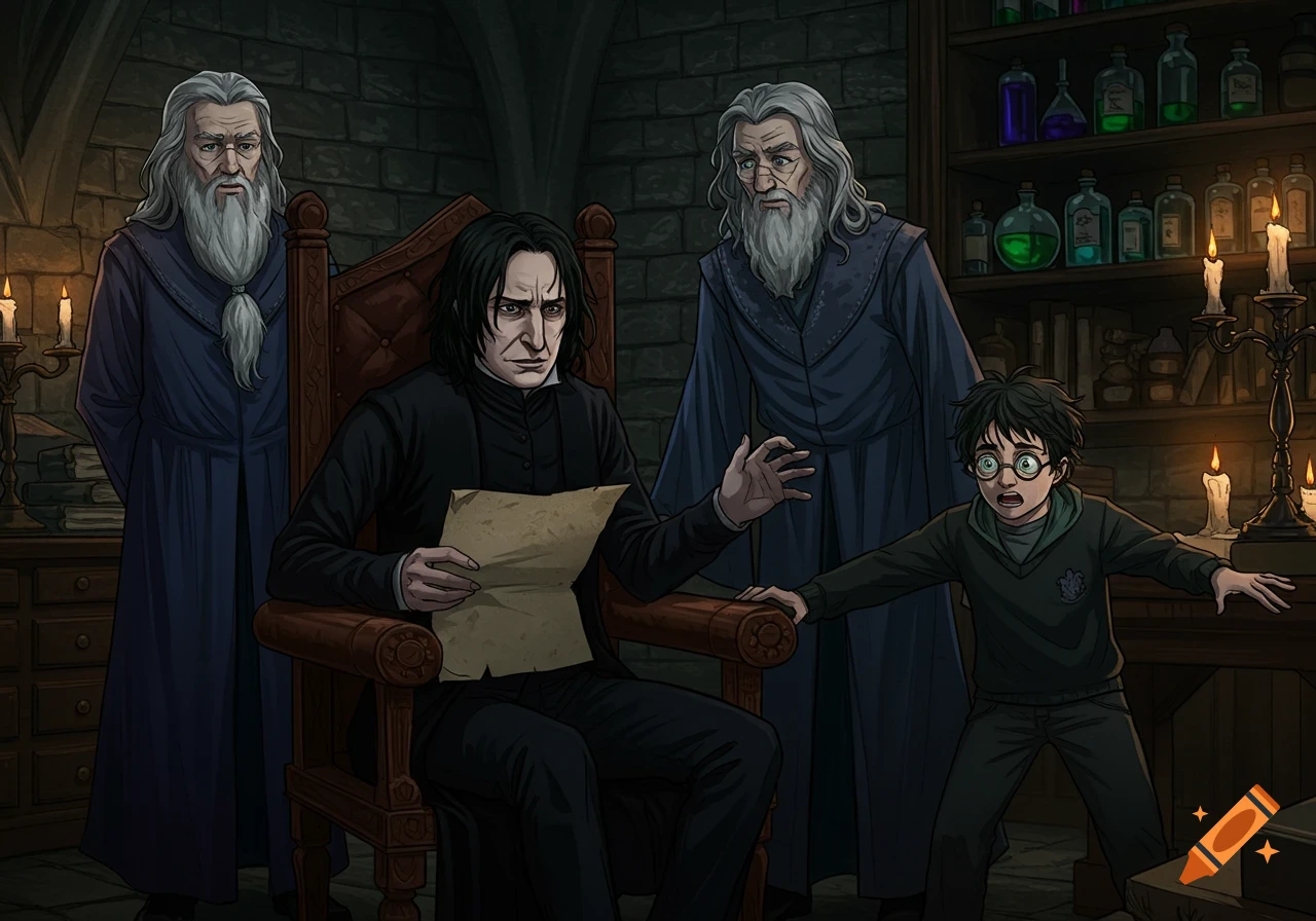 Anime illustration of Severus Snape angrily reading a parchment in a dungeon, with shocked Harry Potter and watching Albus Dumbledore.