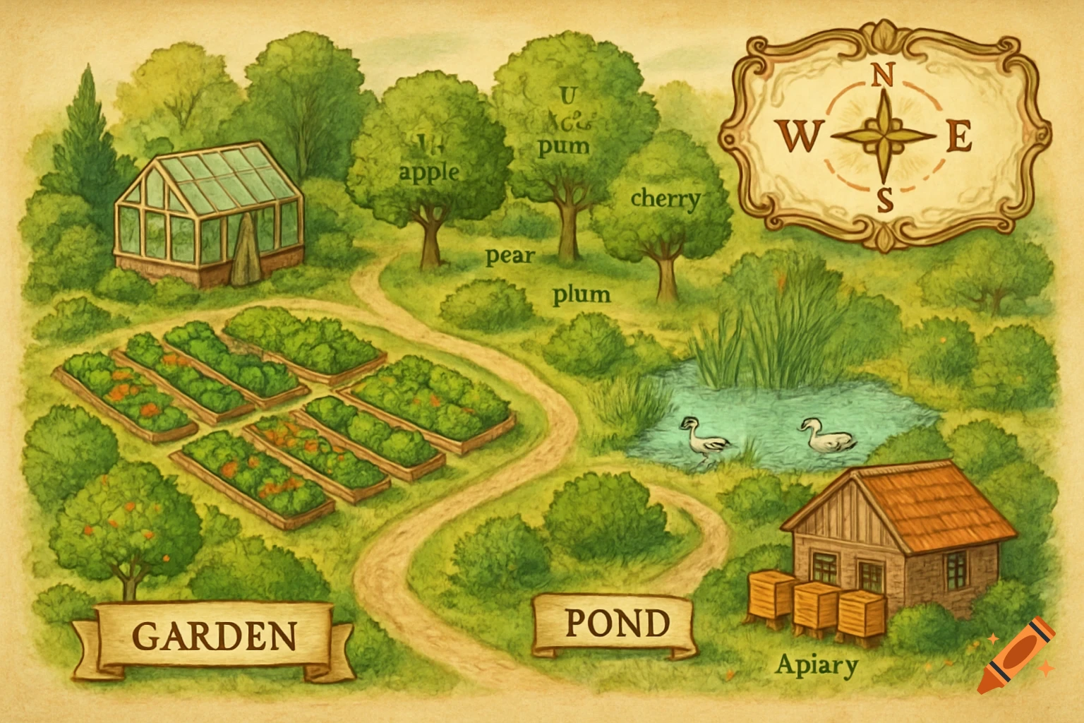 A vintage-style illustrated map of a garden area with a greenhouse, raised beds, fruit trees, a pond with ducks, an apiary, and a compass rose indicating directions.