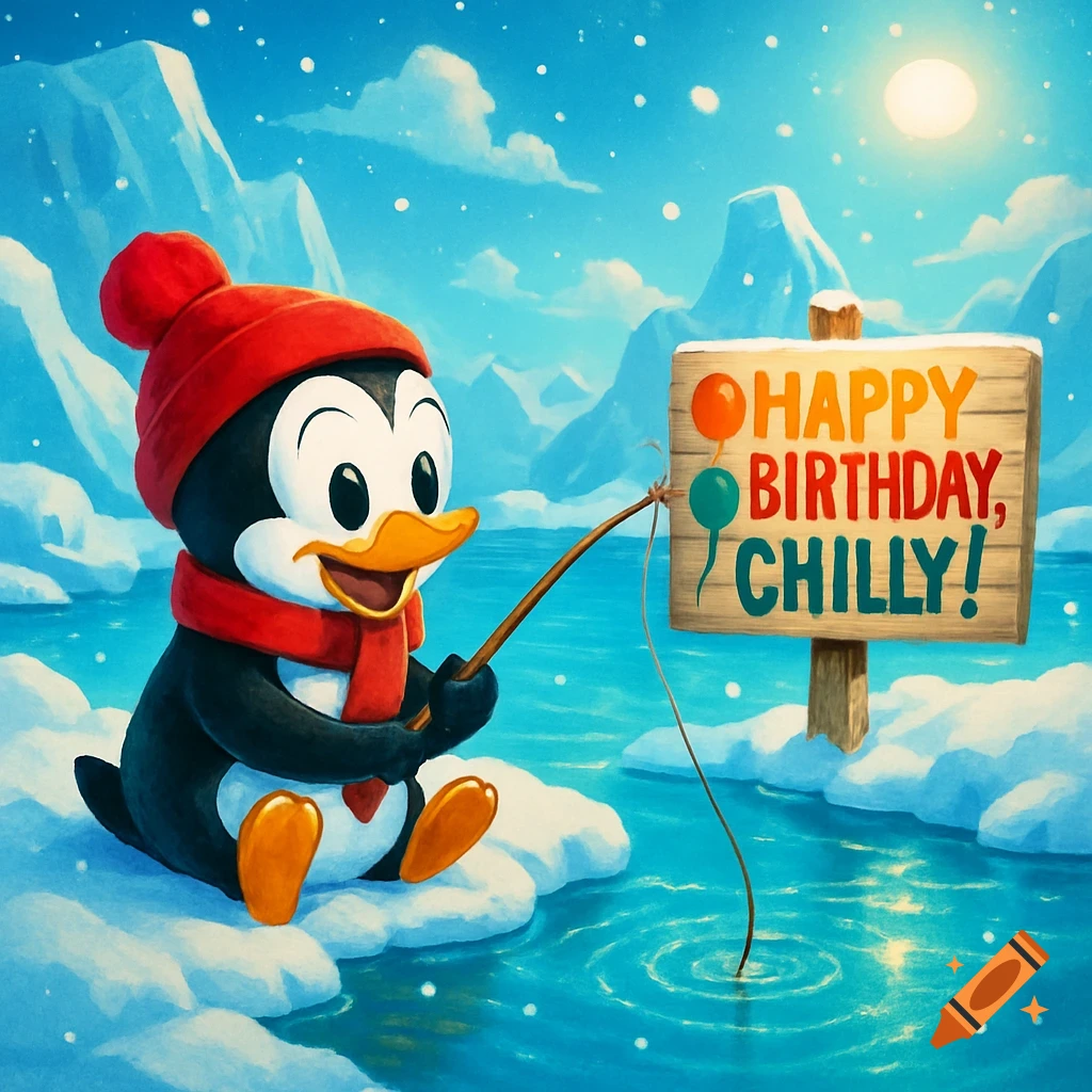 Cartoon penguin in red hat and scarf ice fishing by a sign saying "HAPPY BIRTHDAY, CHILLY!" in a snowy, icy landscape.