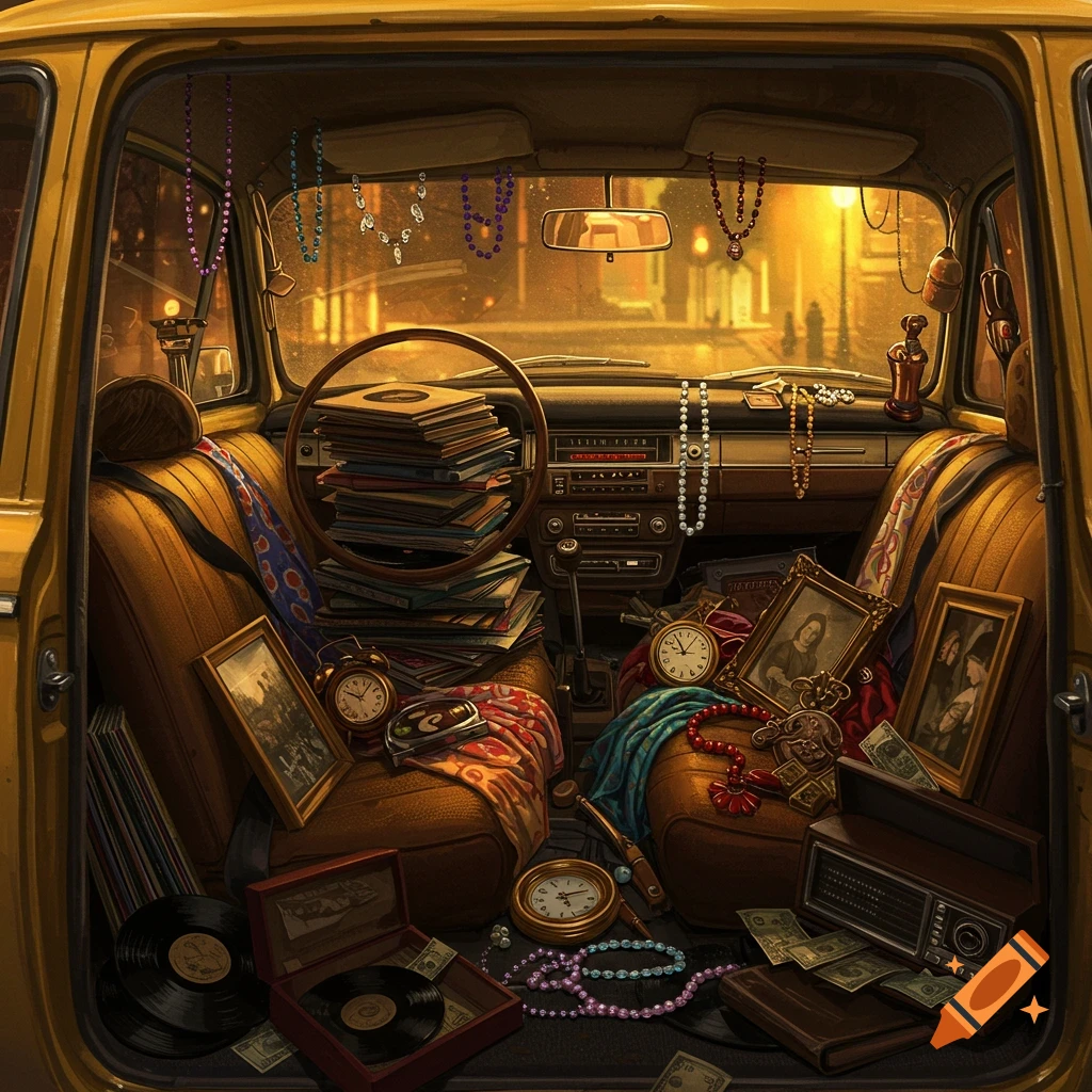 A cluttered yellow car interior packed with records, jewelry, clocks, framed photos, and cash at night.