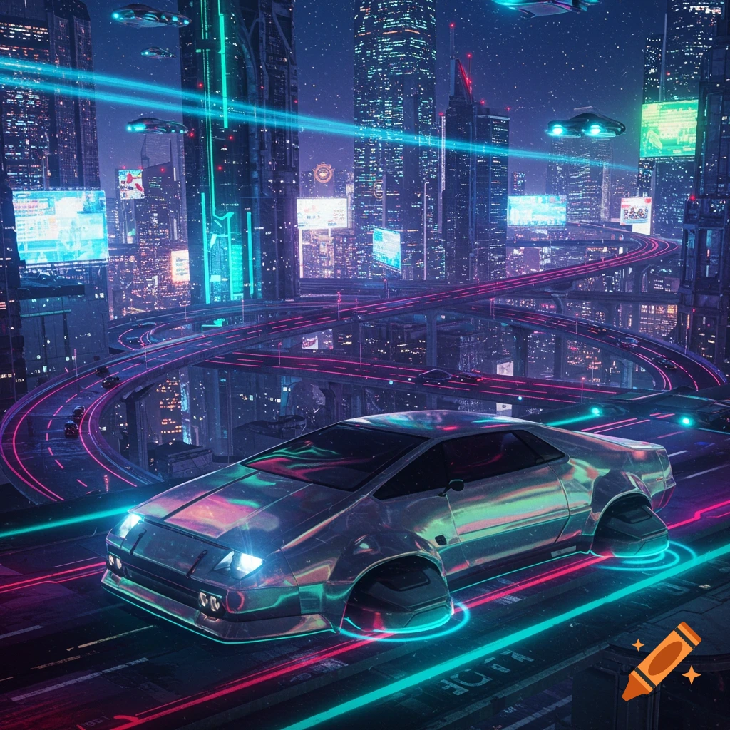 A gleaming futuristic car hovers on a neon-lit highway in a sprawling cyberpunk city at night, with skyscrapers and flying vehicles.