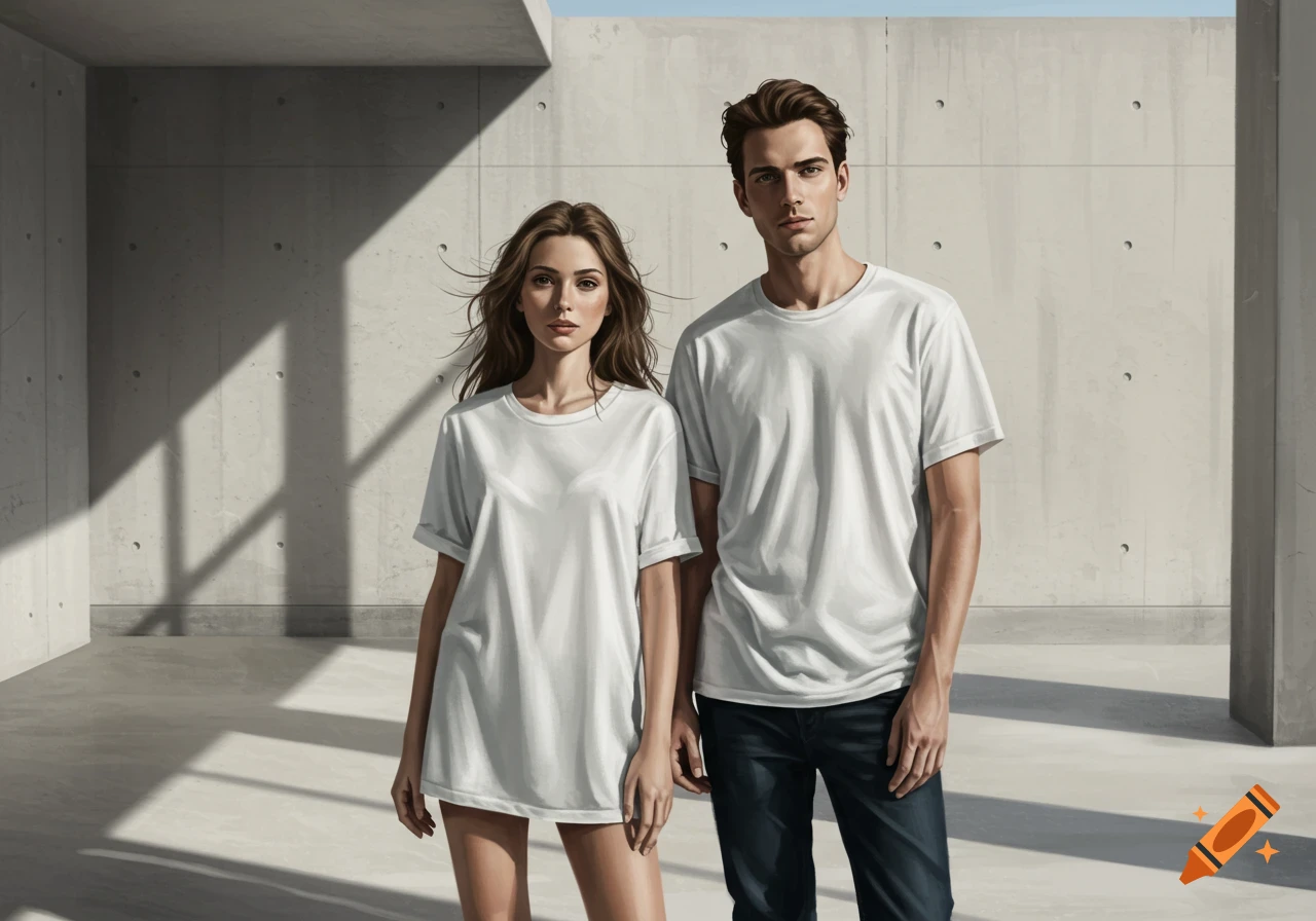 A man and a woman in white t-shirts stand side-by-side in a stark concrete room with strong shadows, photorealistic.