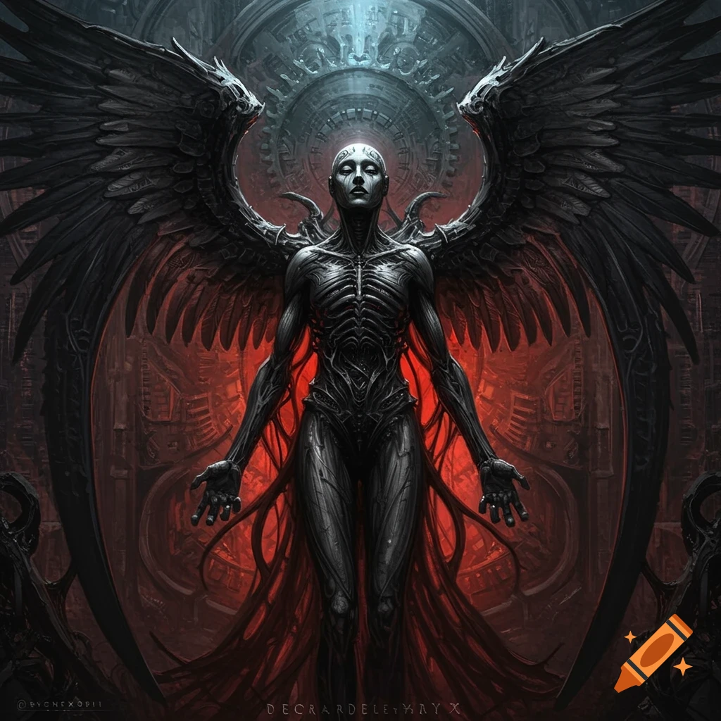 A dark biomechanical fallen angel with large black wings stands in a red-lit, intricate gothic chamber, in Giger-style.