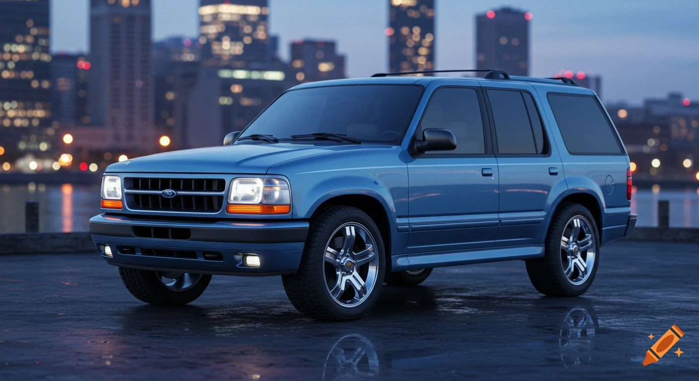 A metallic sky blue SUV, reminiscent of a Ford Explorer, parked on a wet surface with a blurred city skyline at dusk.
