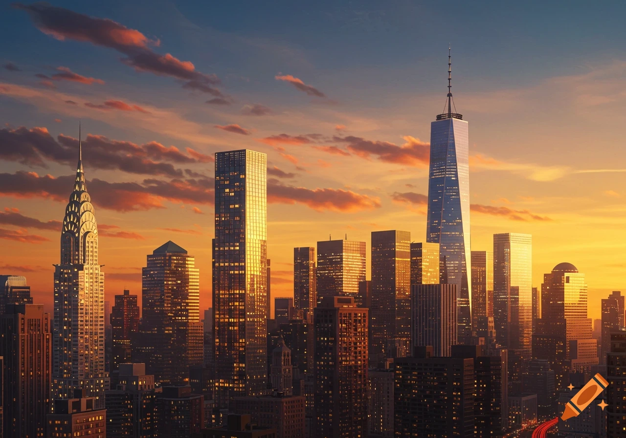 Photorealistic New York City skyline at sunset, featuring iconic skyscrapers like the Chrysler Building and One World Trade Center bathed in golden light.