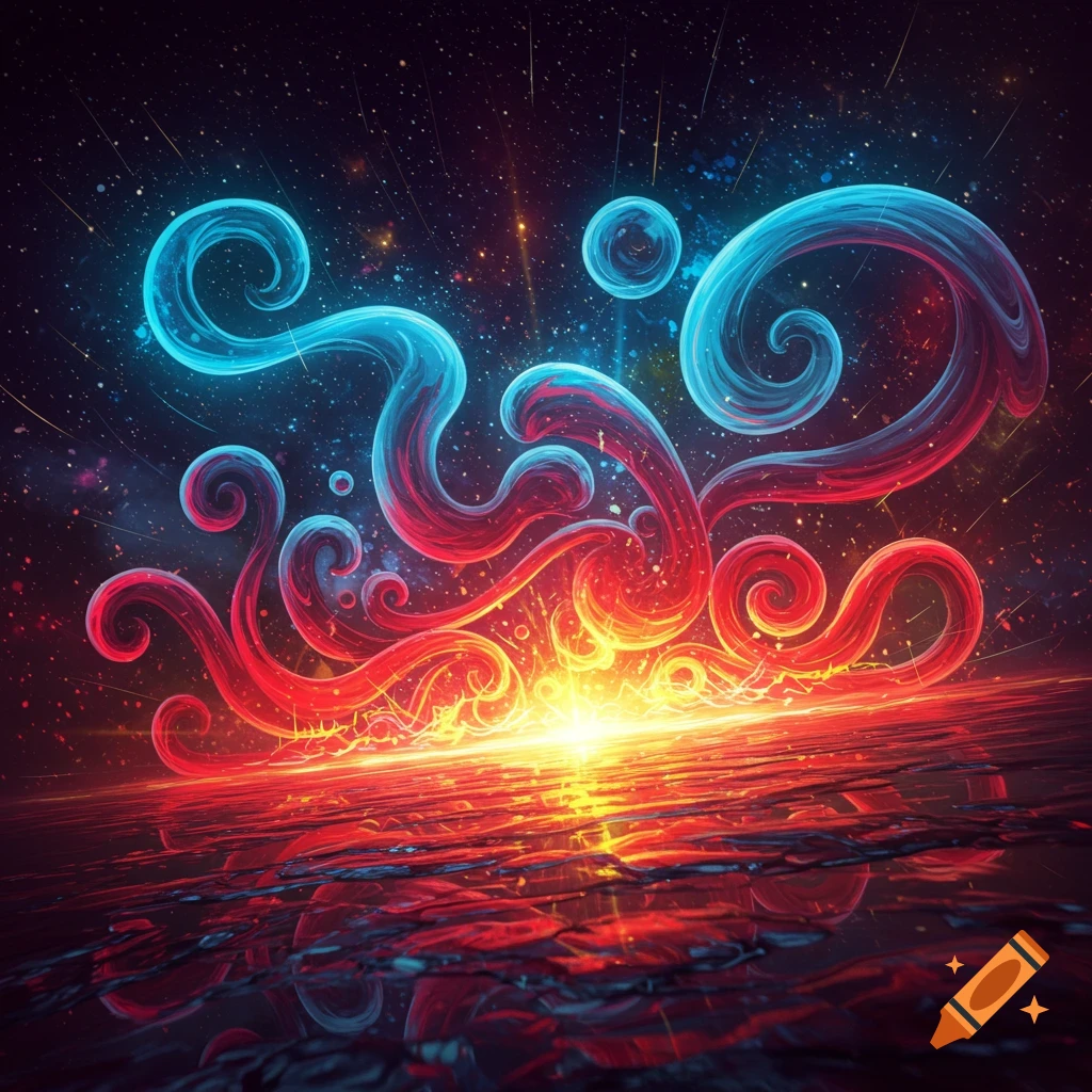 Vibrant abstract art of swirling red and blue glowing energy forms against a starry cosmic background, reflected on a dark, wet surface.