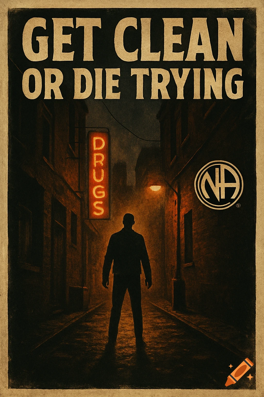 Vintage poster: silhouette in dark alley, neon 'DRUGS' sign, 'NA' logo, text 'GET CLEAN OR DIE TRYING'.