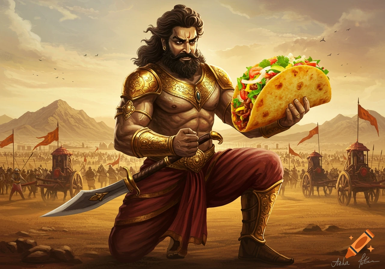 A muscular warrior in golden armor kneels on a battlefield, holding a large taco in one hand and a sword in the other.